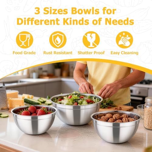 TeamFar Mixing Bowls with Lids, 4.5/3/1.5 QT Stainless Steel Nesting Bowls