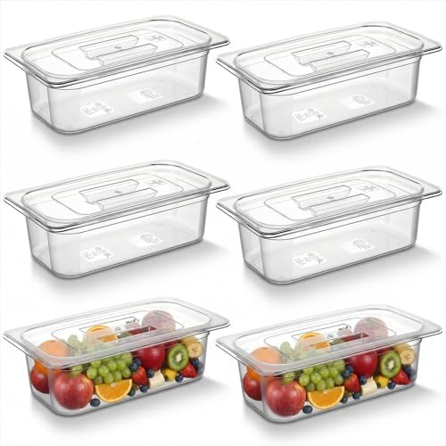 6 Pack 1/3 Size Plastic Clear Food Pans with Lids, 4 Inch Deep