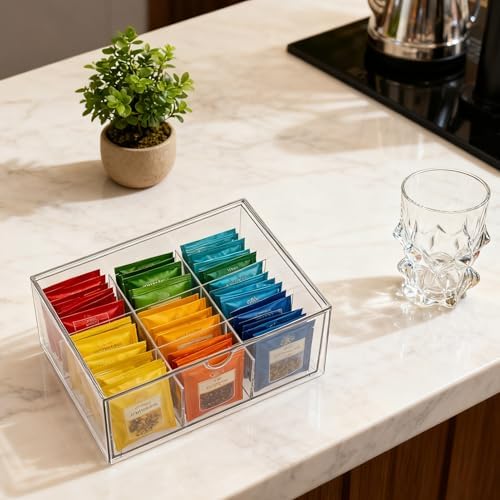 Rainmae Tea Bags Organizer Clear Acrylic Teabag Drawer Holder with 9