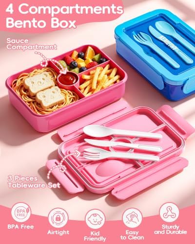 KEMETHY 2 Pack Bento Lunch Box for Kids& Adults, Leak-Proof 4