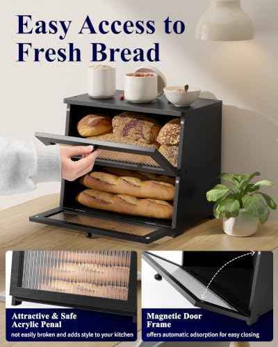 Kitsure Wooden Bread Box for Kitchen Countertop, 2-Tier, Black