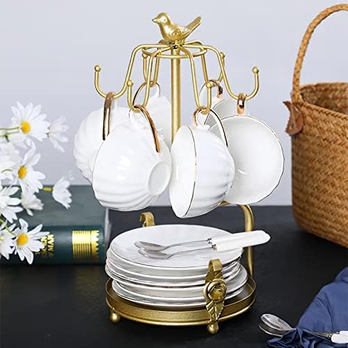 Gold Metal Coffee Mug and Saucer Tree Holder Countertop 6 Hooks