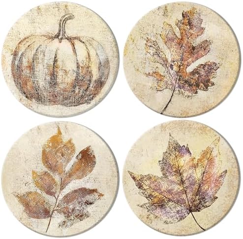 4Pcs Fall Thanksgiving Ceramic Coasters Vintage Pumpkin Maple Leaf