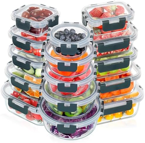 VERONES 30-Piece Glass Food Storage Containers Set, Grey