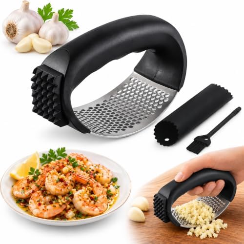 Garlic Press Rocker, 304 Stainless Steel Crusher Set, 3-Piece,Black