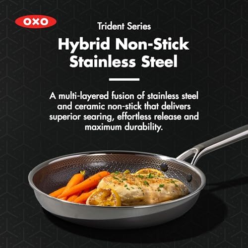 OXO Hybrid 8” 10” & 12” Frying Pan Skillet Set With Lids, PFAS-Free Ceramic Nonstick, Fusion Boost Tech, Powerful Searing, Induction & All Cooktop Compatible, Dishwasher Safe, Mirror Polished Tri-Ply