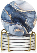 Coasters Set of 6, Navy Blue Marble Abstract Ceramic Coasters with