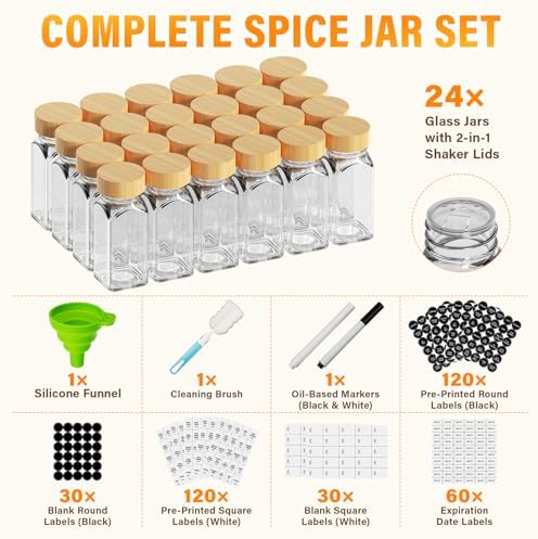 24 Pack 4 oz Square Glass Spice Jars with Labels, Airtight Bamboo Lids