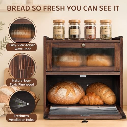 Wooden Bread Box with Acrylic Window for Kitchen Countertop