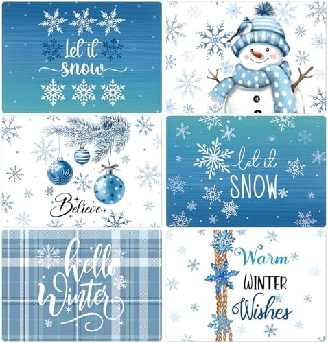 Set of 6 Blue Christmas Placemats 17x12'' Snowman Plastic Place Mats