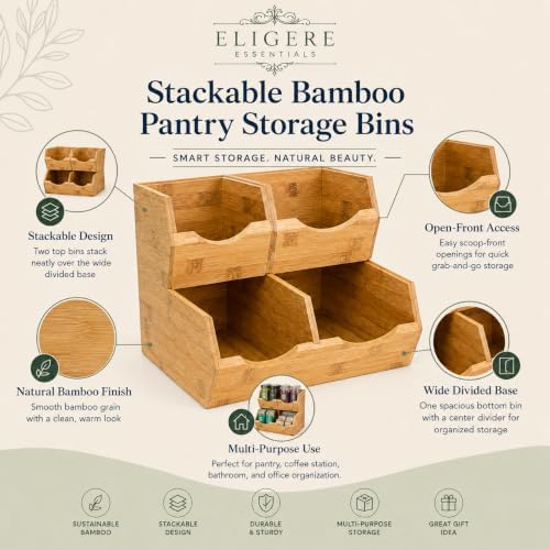 3 Piece Stackable Bamboo Pantry Storage Bins, Potato and Onion