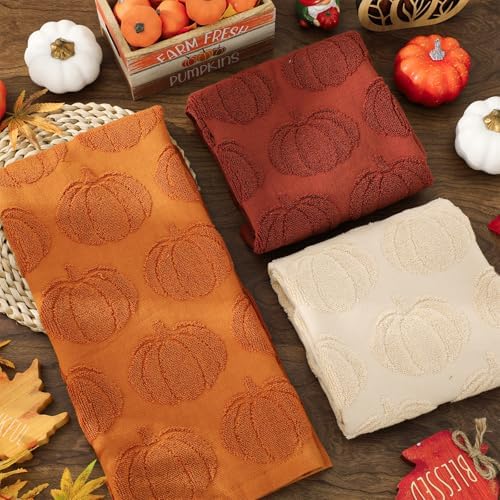 Whaline 3 Pcs Fall Hand Towel Beige Orange Brown 3D Pumpkin Jacquard