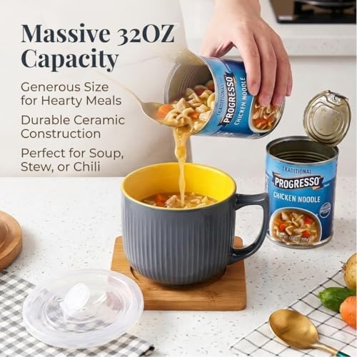 Ceramic Soup Bowl with Handle & Lid, Large 32oz Microwave Ramen Bowl