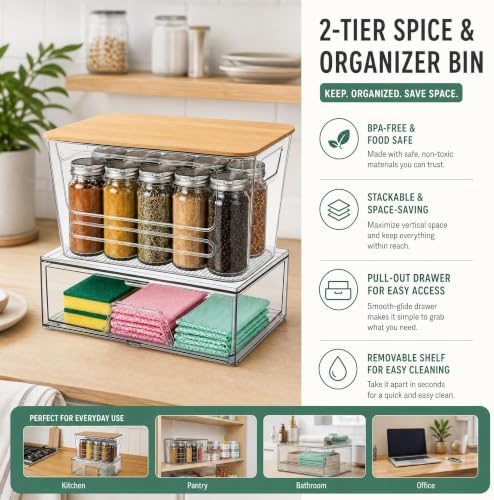 FOCHIER F 4 Pack Pantry Organizer with Bamboo Lid and Pull-Out Drawer