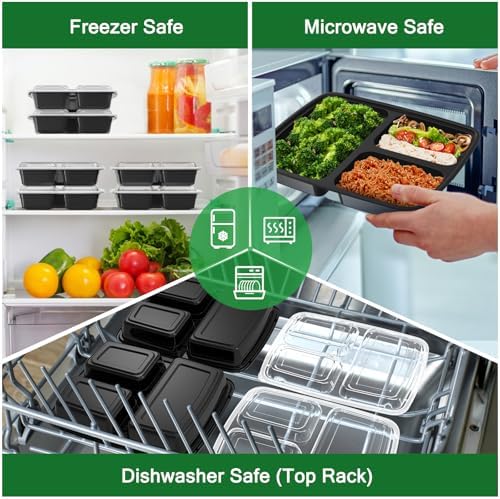 Dealusy 50 Pack 32 oz Meal Prep Containers with Lids 3-Compartment