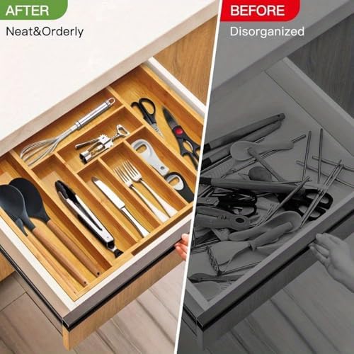 Bamboo Kitchen Drawer Organizer: Expandable Tray, Adjustable Cutlery