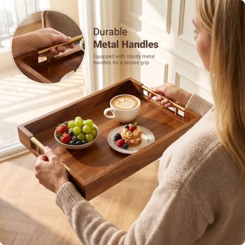 Acacia Wood Serving Tray with Metal Handles,14.2" x 9.8" Decorative