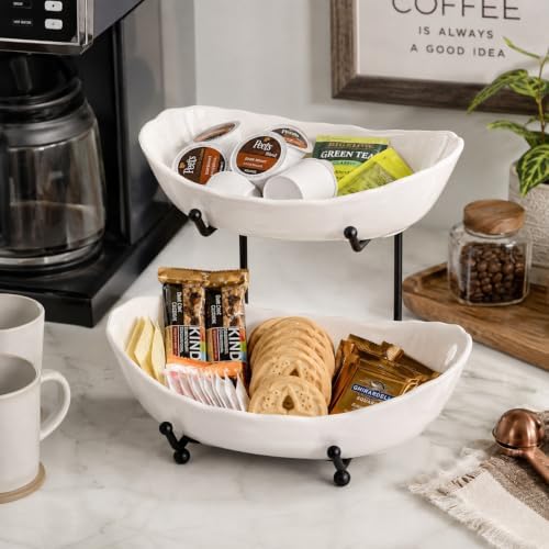 HBlife 2 Tier Fruit Bowl, Ceramic Fruit Basket for Kitchen Counter