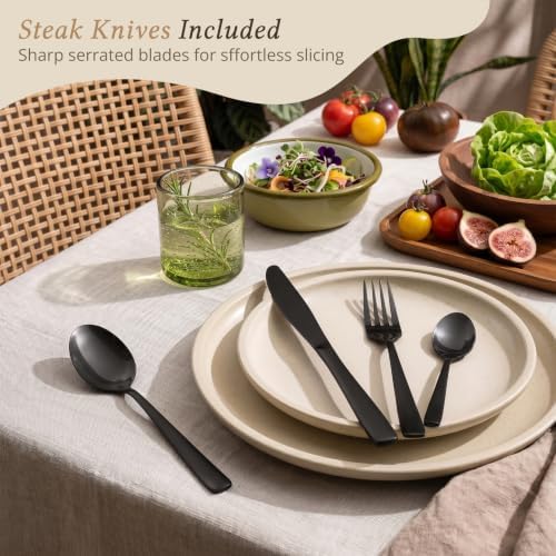 Hiware 48-Piece Black Silverware Set for 8, 18/8 Stainless Steel Flatware Cutlery Set with Forks, Knives, Spoons, Steak Knives, Durable and Elegant Design Utensils Tableware - Dishwasher Safe