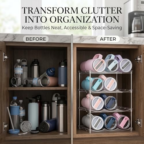 Stackable Water Bottle Organizer 4 Tier Holds 16 Bottles, Storage Rack
