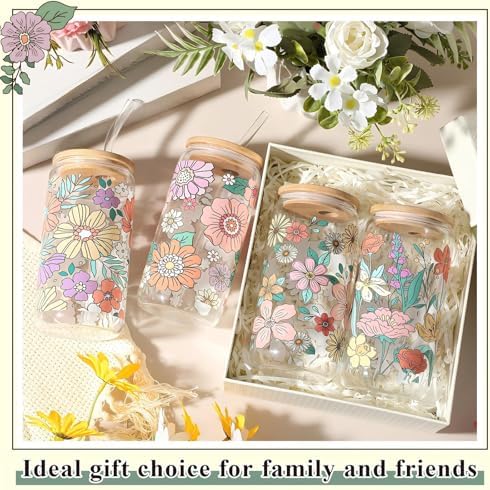 Mumufy 4 Pack Bohemian Flower Glass Cup, 16 oz Tumbler Mug with Bamboo