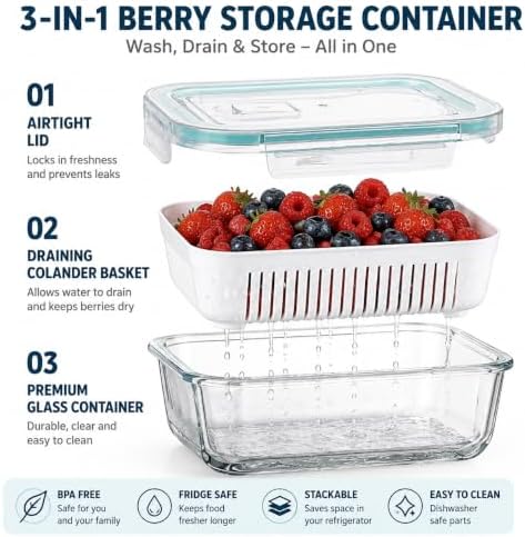4 Pack Glass Berry Storage Containers for Fridge
