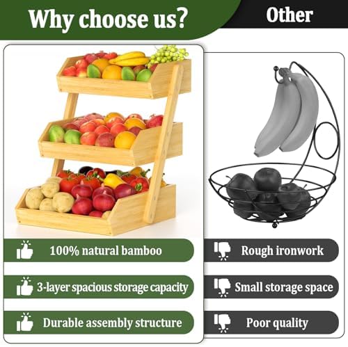 Bamboo 3 Tier Fruit Basket, Ventilated Countertop Kitchen Storage, Holds Fruits, Vegetables & Snacks, Sturdy Wooden Organizer, Simple Assembly