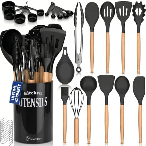 PriorityChef Silicone Cooking Utensil Set, Wooden Handles, Black