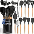PriorityChef Silicone Cooking Utensil Set, Wooden Handles, Black