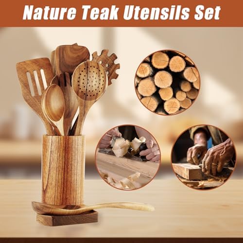 FJNATINH 10 Pcs Teak Wooden Utensil Set