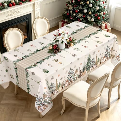 Christmas Pine Tree Plaid Bell Rectangle Table Cloth 60x84inch