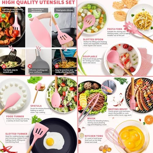 Caliamary 19-Piece Silicone Kitchen Utensil Set, Pink