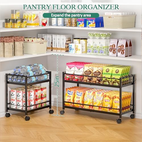 2-Tier Expandable Rolling Pantry Cart with Wheels, Black
