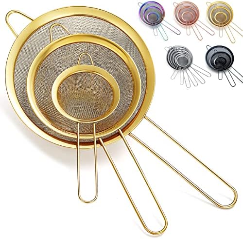 Kyraton Gold Fine Mesh Strainer 3 Pieces Set, Golden Flour Sifter For