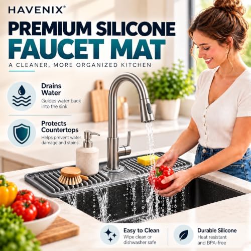 24 Inch Silicone Faucet Mat for Kitchen Sink, 7° Self-Draining Splash