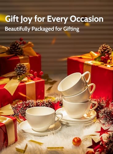 Sweese 6 Ounce Cappuccino Cups with Saucers, Porcelain Double Espresso