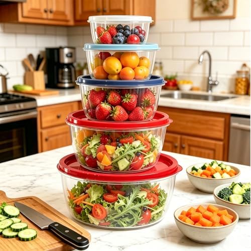 5-Piece Plastic Mixing Bowl Set with Lids for Kitchen, Nesting Kitchen