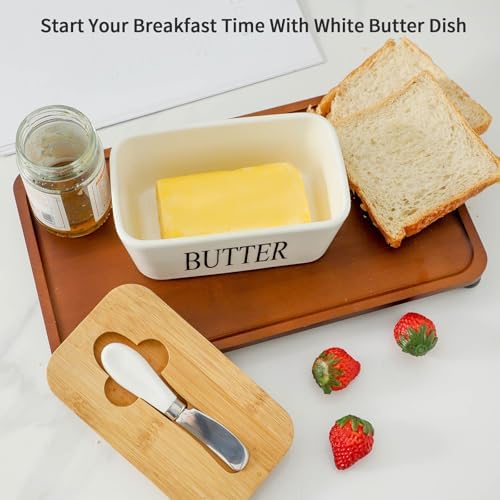 Hasense Porcelain Butter Dish with Bamboo Lid - Covered Butter Dish