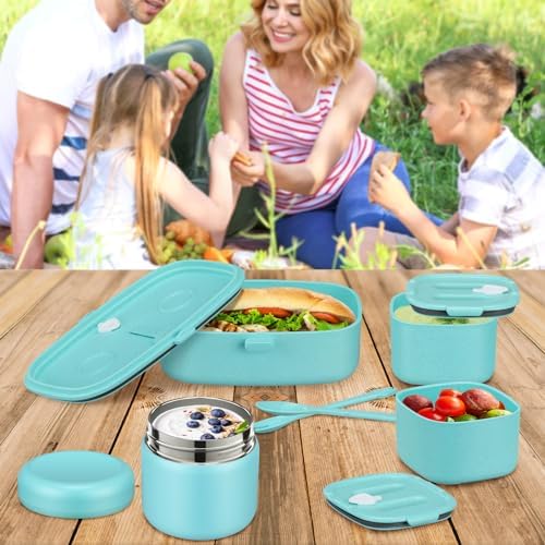 Pawtong Bento Lunch Box with 8oz Soup Thermo, Blue