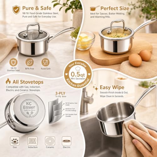 Mini Sauce Pan with Lid, Tri-Ply Stainless Steel Pot with Stay-Cool