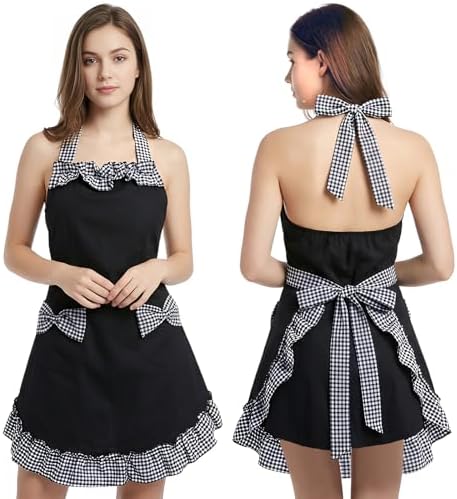 Hyzrz Cotton Kitchen Aprons for women with 2 Pockets Adjustable Neck