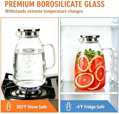 Glass Pitcher with Lid,1 Gallon Glass Water Pitcher, Iced Tea Pitcher