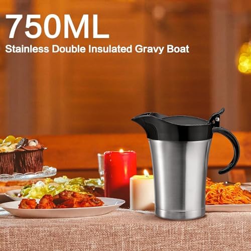 Double Insulated Gravy Boat,25Oz Stainless Steel Gravy Sauce Jug with