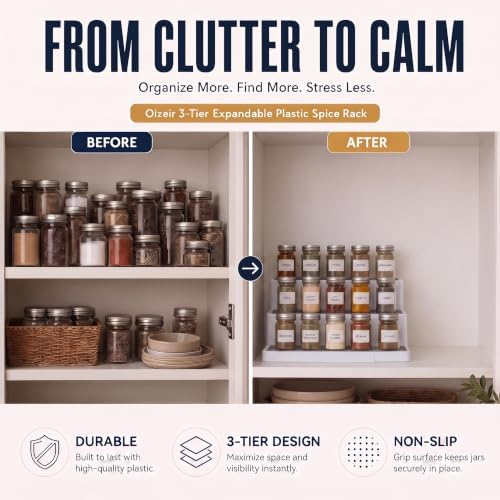 Oizeir 3-Tier Expandable Spice Rack Organizer for Cabinet, White/Grey