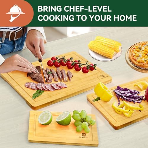 Bamboo Cutting Board Set of 3 Wooden Chopping Boards with Juice Groove