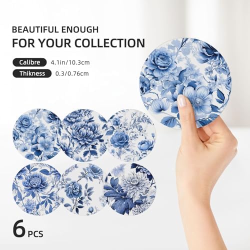 Coaster for Drinks Set of 6, Blue Vintage Spanish Ceramic Floral