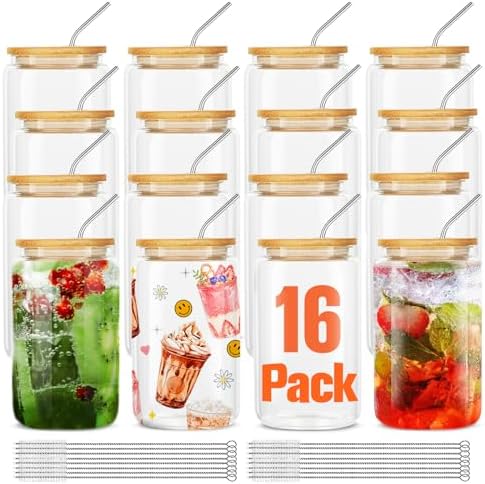 ASKIZ 16Pcs Glass Cups With Bamboo Lids and Straws,16Oz Ice Coffee