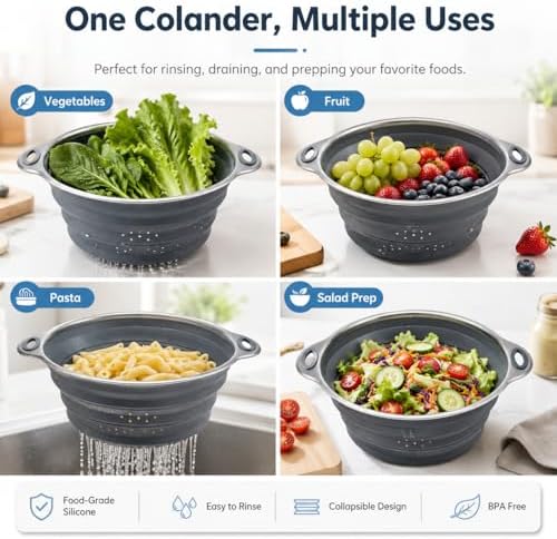 Mejoncb Collapsible Colander – Platinum Silicone Strainer with