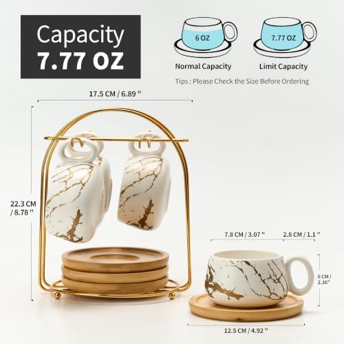 LUKA 7.77 oz Ceramic Cappuccino Cups with Bamboo Saucers and Metal