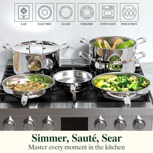 Umite Chef 17Pcs 5 Ply Clad Stainless Steel Cookware Set with Lids, Heavy Duty Pots and Pans Kitchen Set, Induction-Ready, Dual Aluminum Core for Even Heat, Cool Grip Handles, Dishwasher Safe